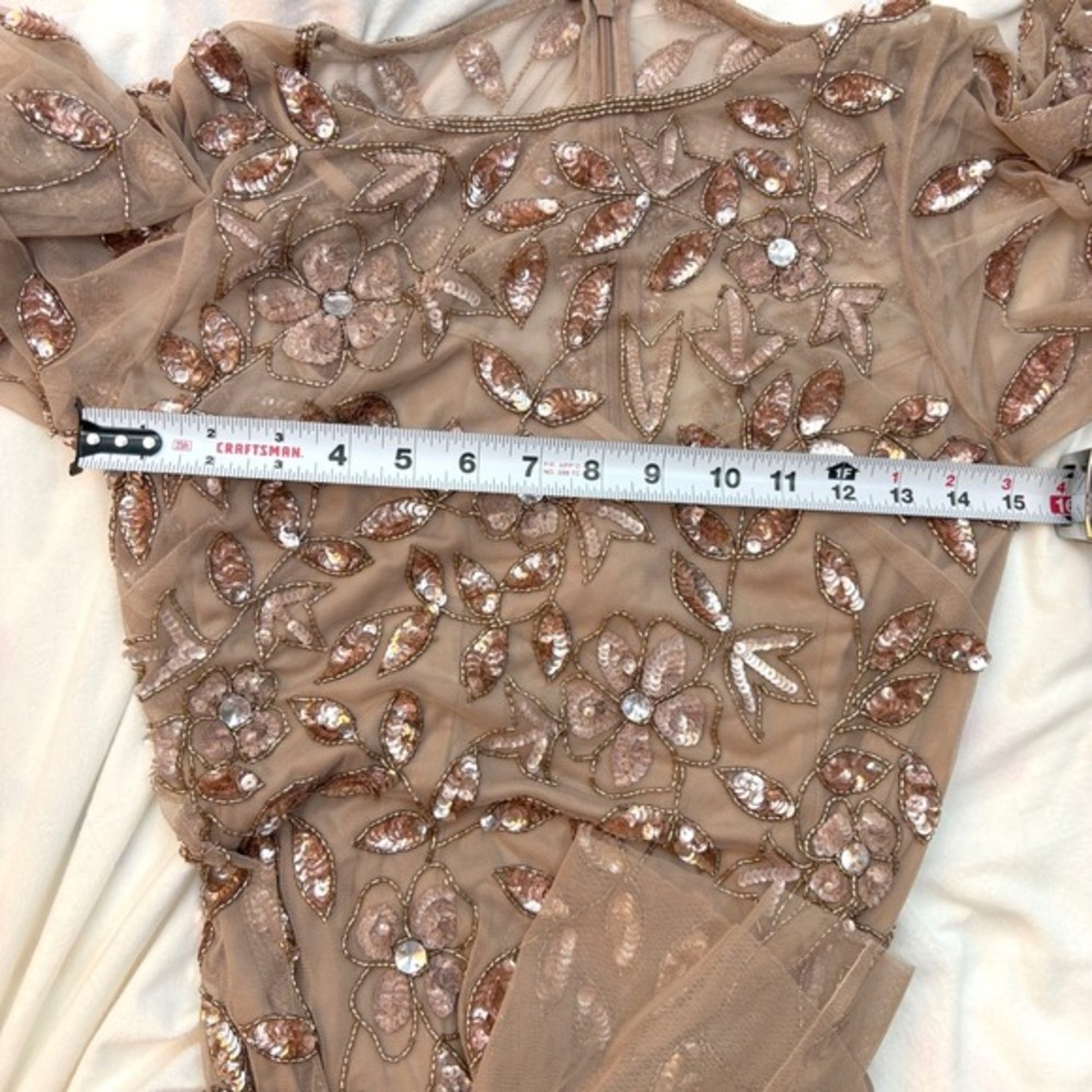 Adrianna Papell Beaded Sequin Mesh Midi Dress Rose Gold Flutter‎ Sleeve Size 2 - Picture 13 of 16
